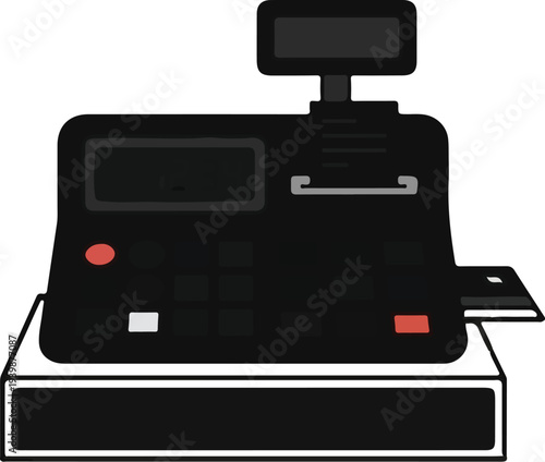 A black electronic cash register with a display and keypad, sitting on a white counter.