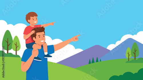 Father carrying son on shoulders pointing at distance.