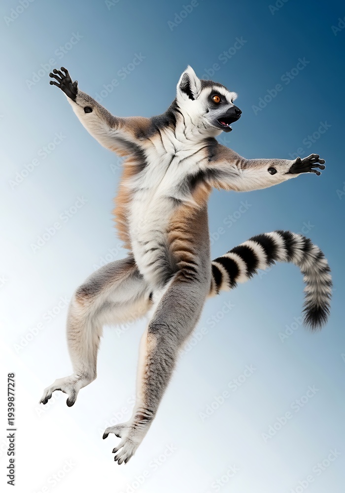 Fototapeta premium Ringtailed lemur jumping in midair on blue background