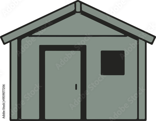 A simple, grey, rectangular shed with a dark roof, a single door, and a small window.