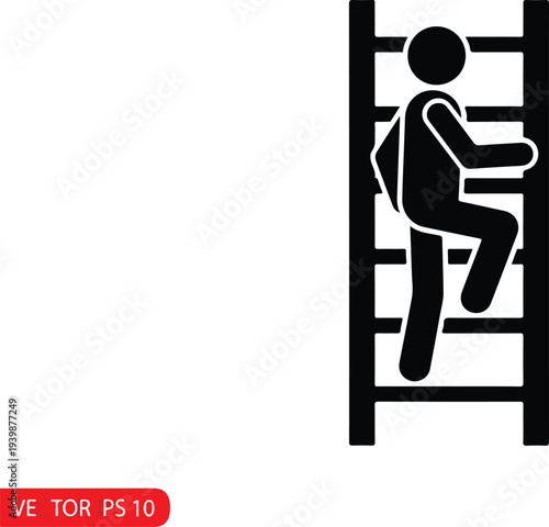Black silhouette of a stick figure person with a backpack climbing a vertical ladder on a white background.