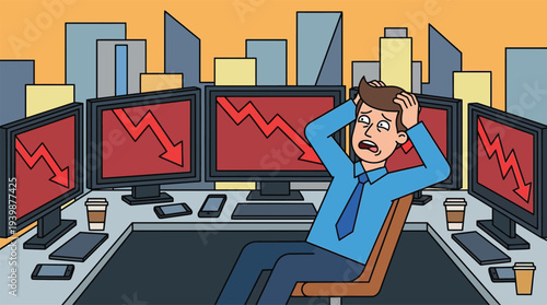 Stressed businessman reacting to a stock market crash displayed on multiple computer screens in an office with a city skyline.