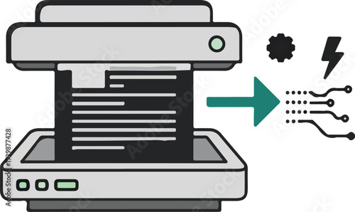 Illustration of a document scanner converting physical paper into digital data for processing and analysis.