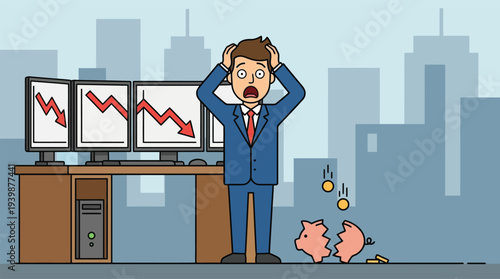 A businessman panics as his investments crash, symbolized by red downward graphs on monitors and a broken piggy bank.
