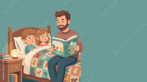 Father reading bedtime story to his children in bed 1.