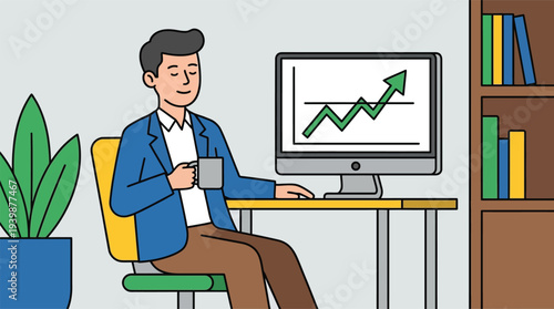 A relaxed man in a blue jacket sits at a desk, holding a mug and observing a positive upward trend graph on his computer monitor, indicating business growth and success in an office setting.