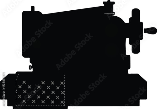 Black silhouette of an industrial sewing machine with a textured fabric pattern, representing manufacturing and textile production.