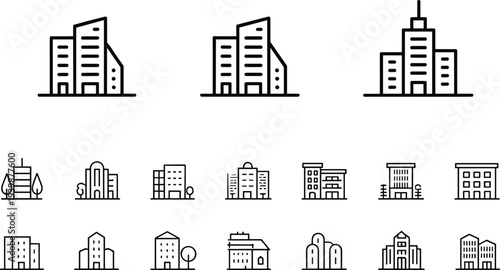 Building icon set city architecture line vector collection urban office apartment house skyline symbols isolated minimal illustration