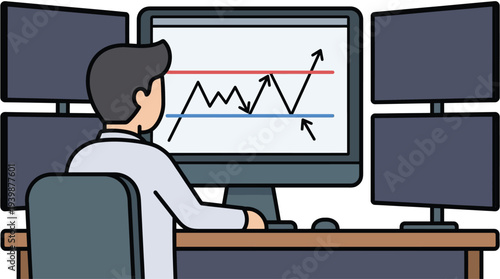 A person analyzing financial market data on multiple computer screens, showing stock charts and trading trends.