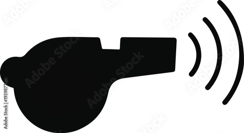 Black silhouette icon of a whistle emitting sound waves, symbolizing a signal, alert, or sports event.