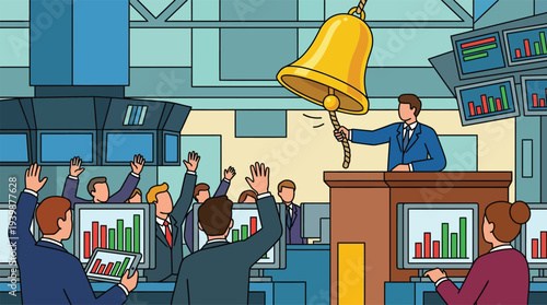 A vibrant stock exchange floor with traders actively participating, a man ringing a golden bell at a podium, and multiple screens displaying financial data.