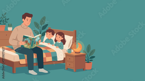 Father reading bedtime story to his children in bed.
