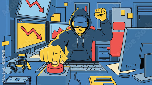 A person in a hoodie pressing a red button at a desk with multiple monitors showing financial downturns, symbolizing cybercrime or market manipulation.