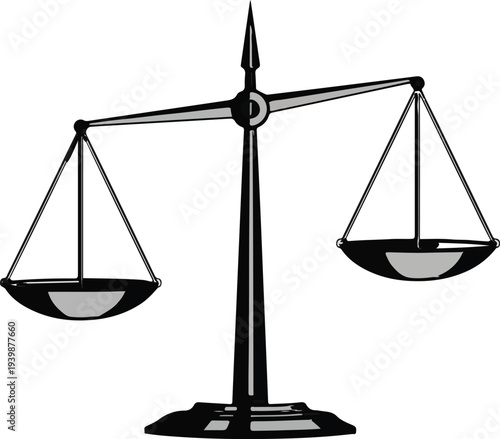 A black and white illustration of an old-fashioned balance scale with one pan lower than the other, symbolizing imbalance or inequality.