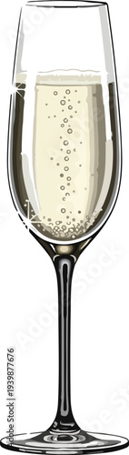 A clear champagne flute filled with sparkling golden beverage and rising bubbles on a white background, ready for a celebration.