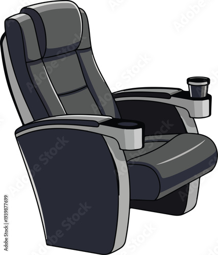 A comfortable black leather recliner chair with armrests and built-in cup holders, designed for home theater or living room relaxation.