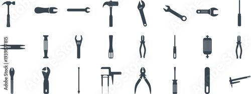 Hand tools silhouette icon set including hammer wrench pliers screwdriver caliper workshop repair equipment vector collection isolated design