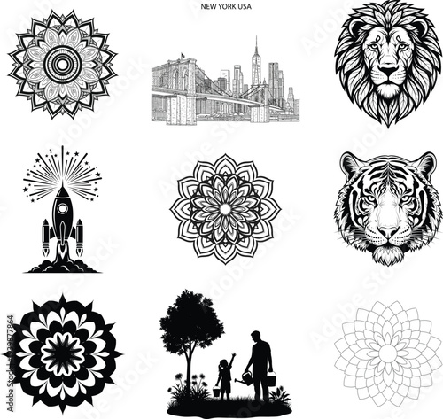 Set of 8 black and white vector icons and illustrations