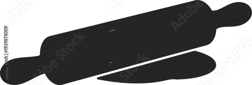 Black silhouette of a rolling pin flattening a piece of dough, used for baking and cooking.