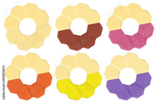 幾何学的モダンカラフルドーナツ8種セット – 手描き風ベクター素材 / Geometric Modern Colorful Donuts Set of 8 – Hand-drawn Vector