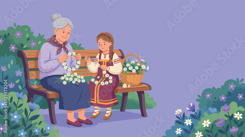 Grandmother and granddaughter making flower garlands together.