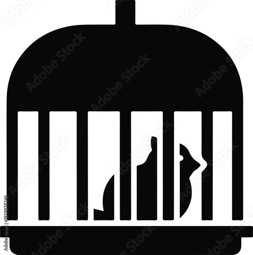 A black silhouette of a small bird inside a birdcage, isolated on a white background.