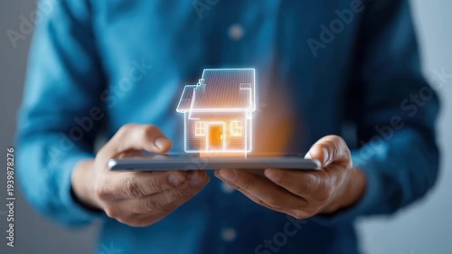 Futuristic Real Estate Technology Holographic House on Tablet for Virtual Property Management and Digital Innovation in Modern Real Estate Concepts