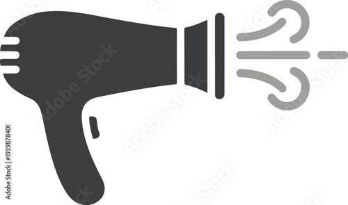 A black and grey hair dryer blowing hot air, depicted as a simple icon.