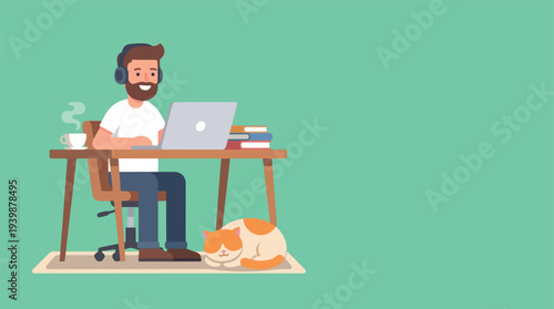 Man working on laptop with cat sleeping nearby.