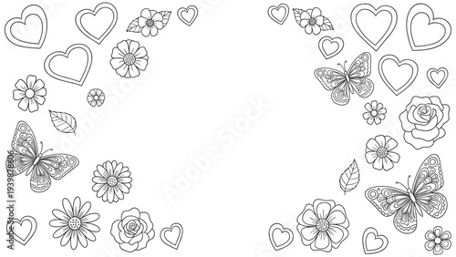 Cute Hand-Drawn Hearts, Flowers, and Butterflies Border Design