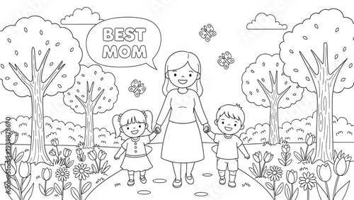 Mother with Kids in Park, Coloring Page, Best Mom Speech Bubble