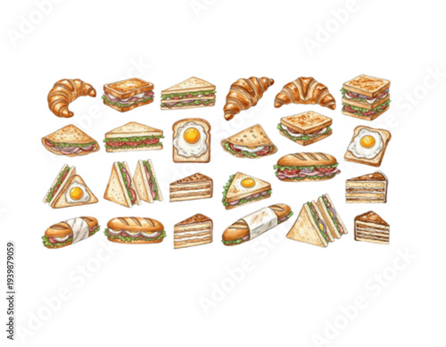 A collection of various sandwiches and pastries on transparent background