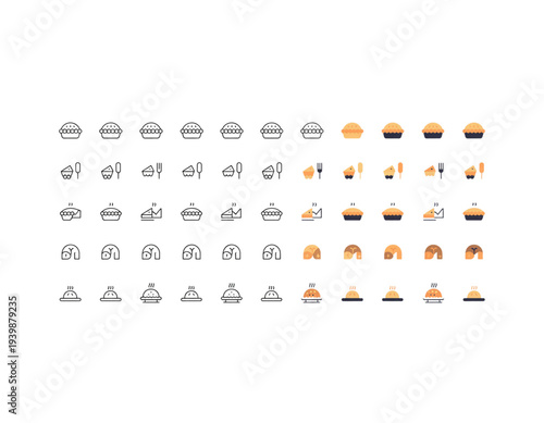 A set of flat icons depicting various food items and utensils on transparent background