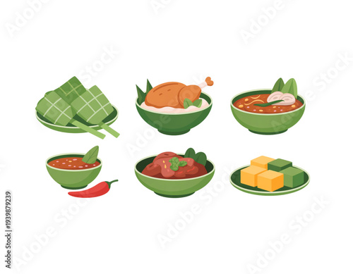 A vector graphic illustration of various Asian dishes on green plates and bowls on transparent background
