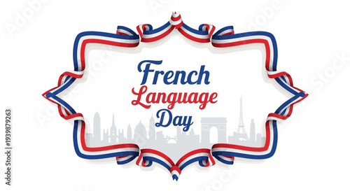 Vector illustration celebrating French Language Day with a red, white, and blue ribbon design on a city skyline background, symbolizing francophone culture and global community.