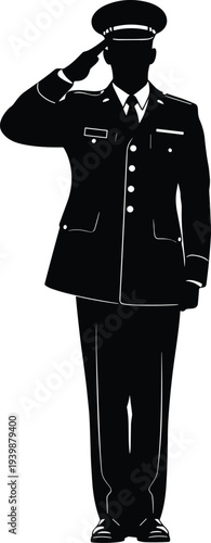 Silhouette of a military officer in formal dress uniform performing a hand salute for veterans day memorial and patriotic concepts