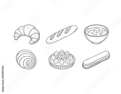 A set of bakery items illustrated in a minimalist line art style on transparent background