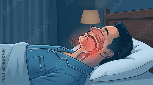 Medical illustration explaining obstructive sleep apnea showing airway blockage during sleep. Cross section anatomy of throat and tongue causing breathing interruption and snoring in sleeping patient.