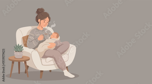Mother lovingly holding her newborn baby while sitting on a comfortable armchair.