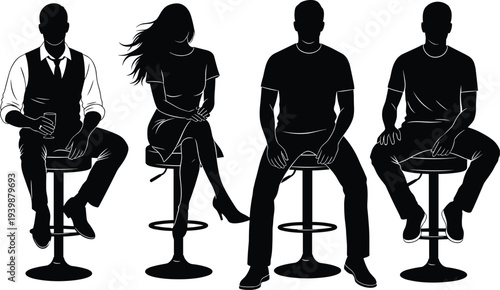 Silhouette set of diverse people sitting on bar stools including man in formal vest and woman with long flowing hair. (20 words)