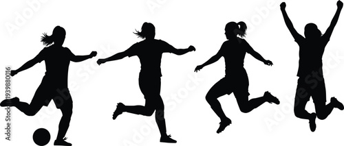 Silhouette Set of Female Soccer Players Kicking Ball Celebrating Goal and Jumping in Joy for Women Sports Football Vector Illustration