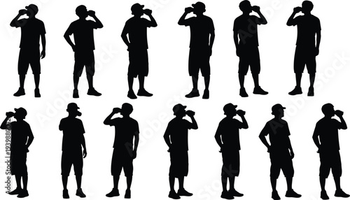 Silhouette Set of Men Drinking from Cans and Bottles Wearing Casual Shorts and Baseball Caps for Summer Refreshment Vector Illustration