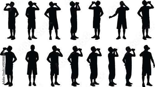 Silhouette Set of Men Drinking from Aluminum Cans and Bottles Wearing Casual T-Shirts and Shorts for Summer Refreshment Vector Illustration