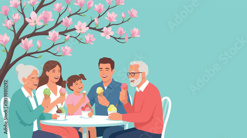 Multigenerational family enjoying ice cream together outdoors.