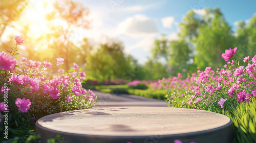 A gray stone podium surrounded by purple flowers in the middle of spring. A place to display a product or advertisement.