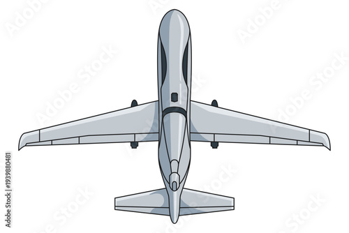 RQ-4 Reaper UAV drone design from overhead view. Full color vector illustrations military unmanned aircraft from above. Detailed modern surveillance combat drone drawing.
