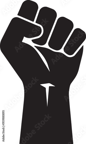 Minimalist black silhouette of a raised clenched fist representing strength, unity, and power