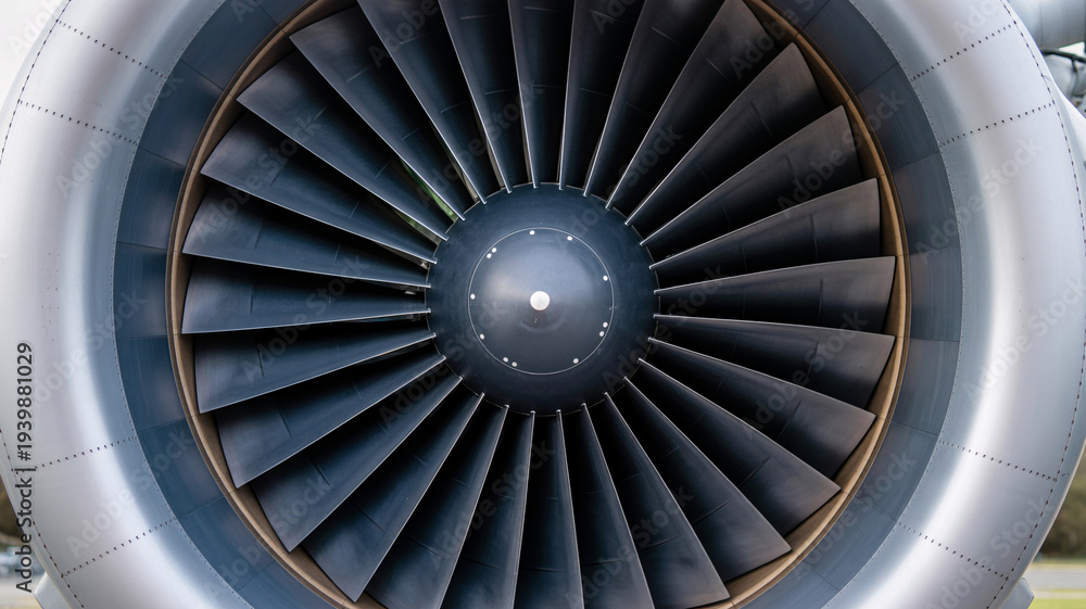Fototapeta premium Modern aircraft engine with sleek turbine blades and silver casing