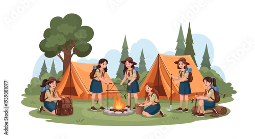 Illustration of girl scouts in uniform camping and celebrating national girl scout day with teamwork and activities in a forest.