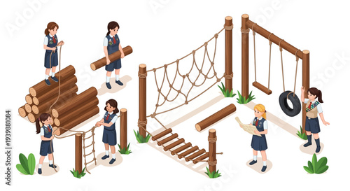 Illustration of girls in Girl Scout uniform participating in teamwork activities on a playground obstacle course for National Girl Scout Day, promoting leadership and youth development.